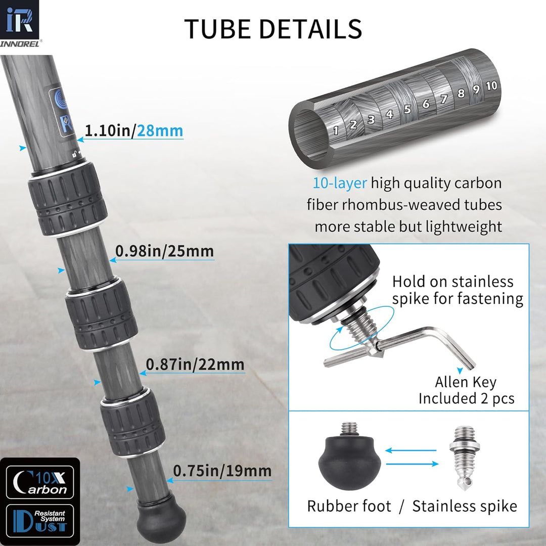 Kohlefaser-Stativ-INNOREL CT75C Professionelles Reisestativ für DSLR-Kamera Schwerlastständer 28mm R