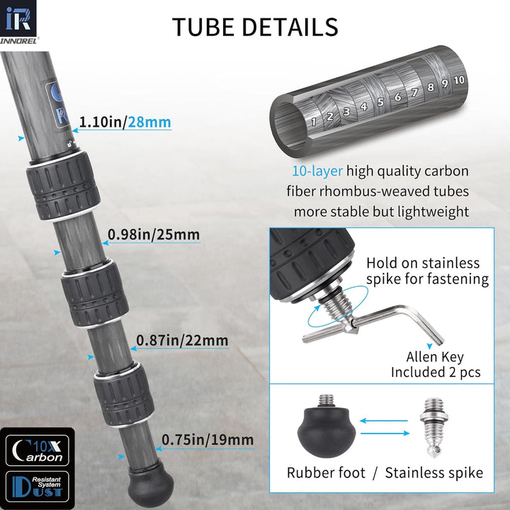 Kohlefaser-Stativ-INNOREL CT75C Professionelles Reisestativ für DSLR-Kamera Schwerlastständer 28mm R
