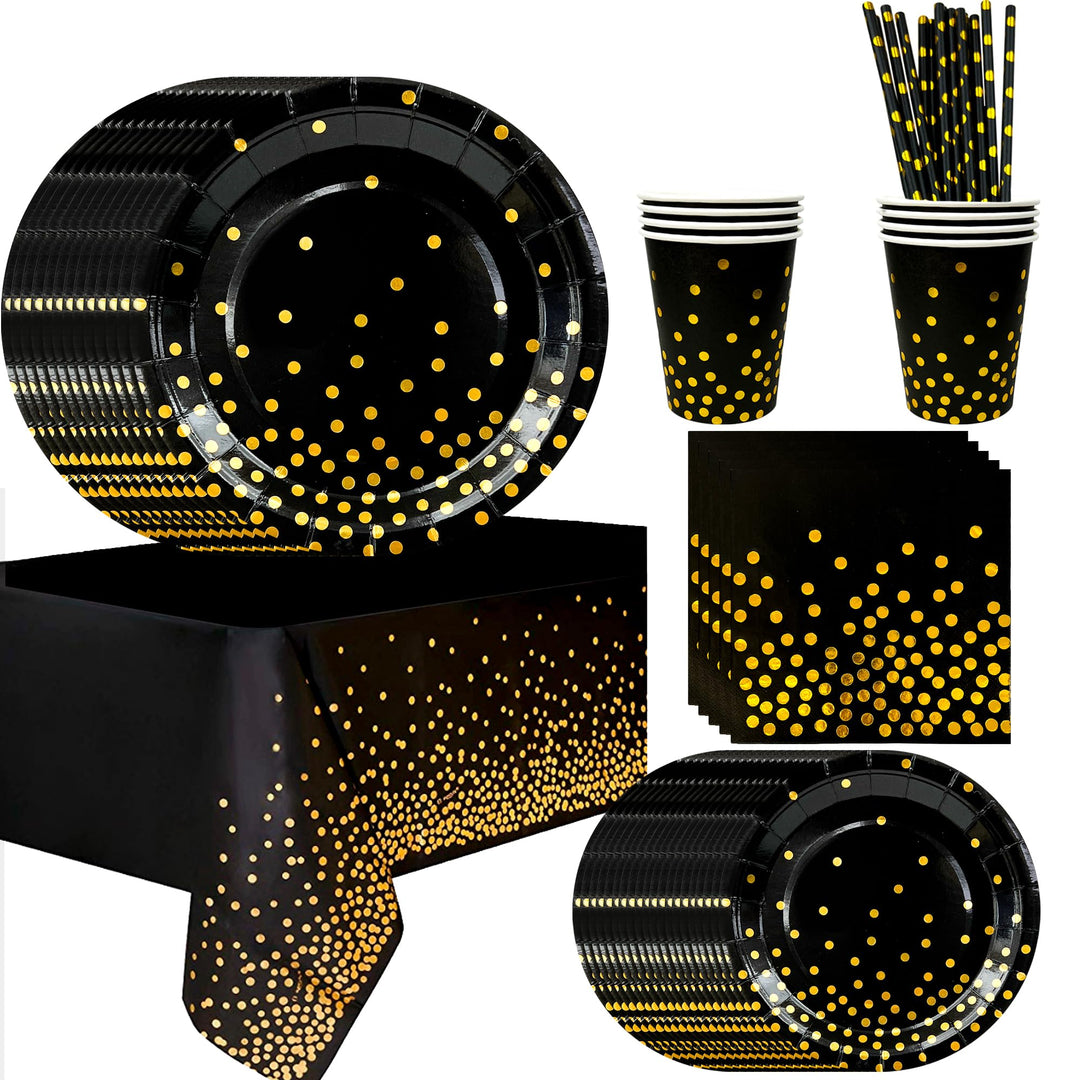 Party Geschirr Schwarz Gold,193pcs Schwarzgoldenes Geburtstag Party Geschirr Set-Pappteller Schwarz