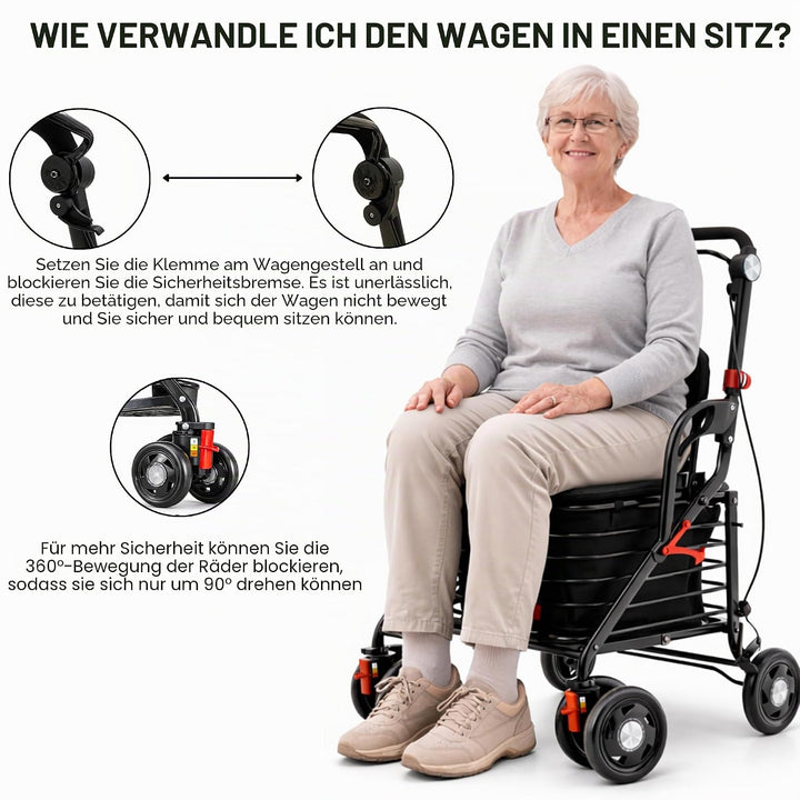 GARMOL Relax Einkaufstrolley mit gepolstertem Sitz, 30 l, faltbar, mit Handbremse und Sicherheit, Ve