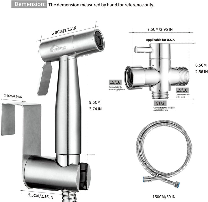 VENETIO Handbrause für Bidet mit auslaufsicherem Schlauch, WC oder Wandmontage, multifunktional für