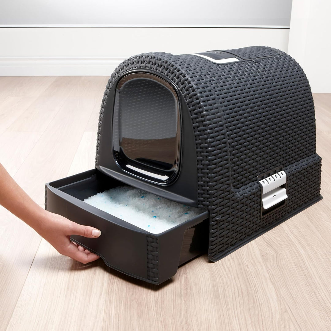 Curver 2068961 petlife Katzentoilette mit Deckel, Katzenklo inklusive Schaufel, moderne Rattangeflec