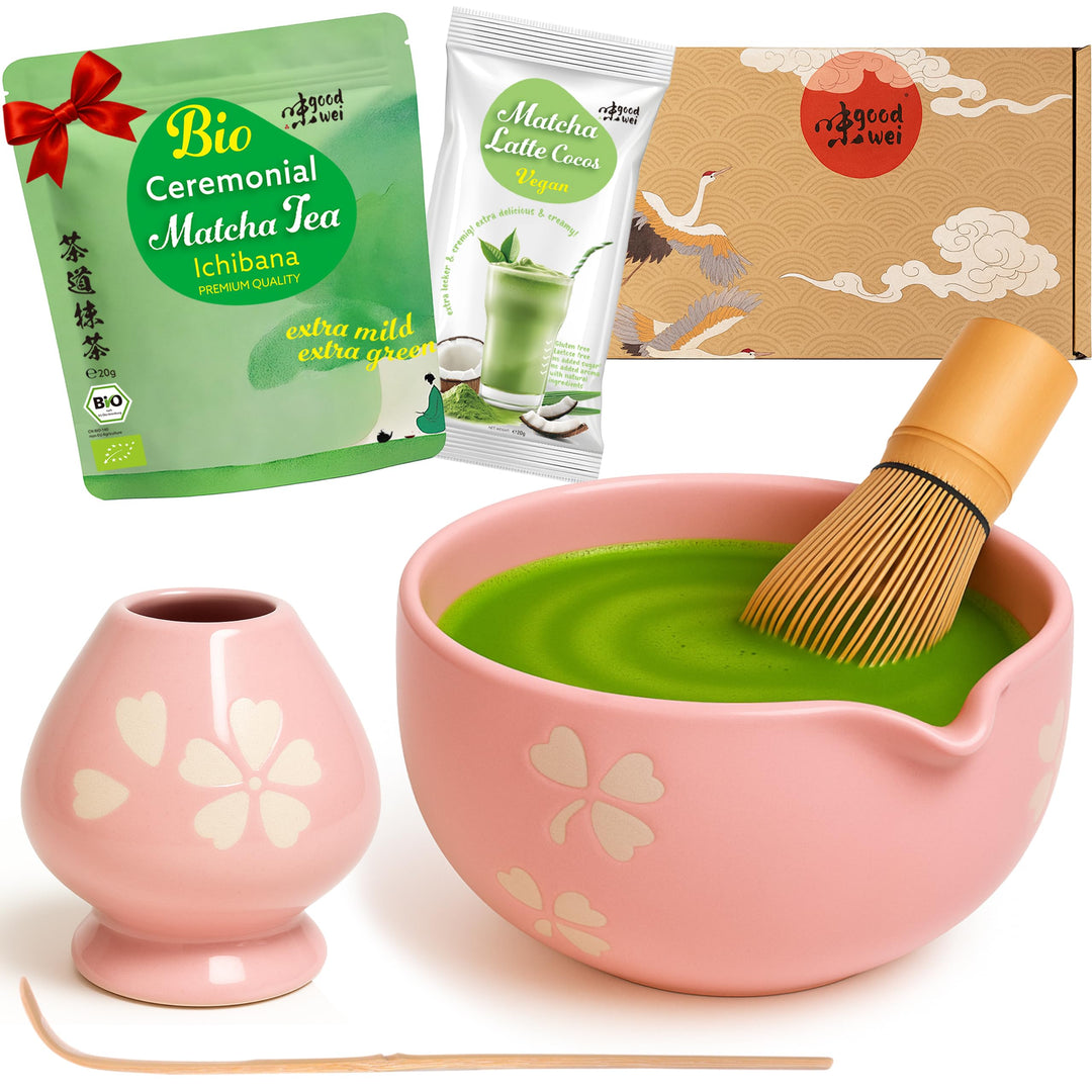 Goodwei Matcha-Set komplett mit hochwertiger Matcha Schale aus Keramik mit Ausgiesser, Matcha Besen