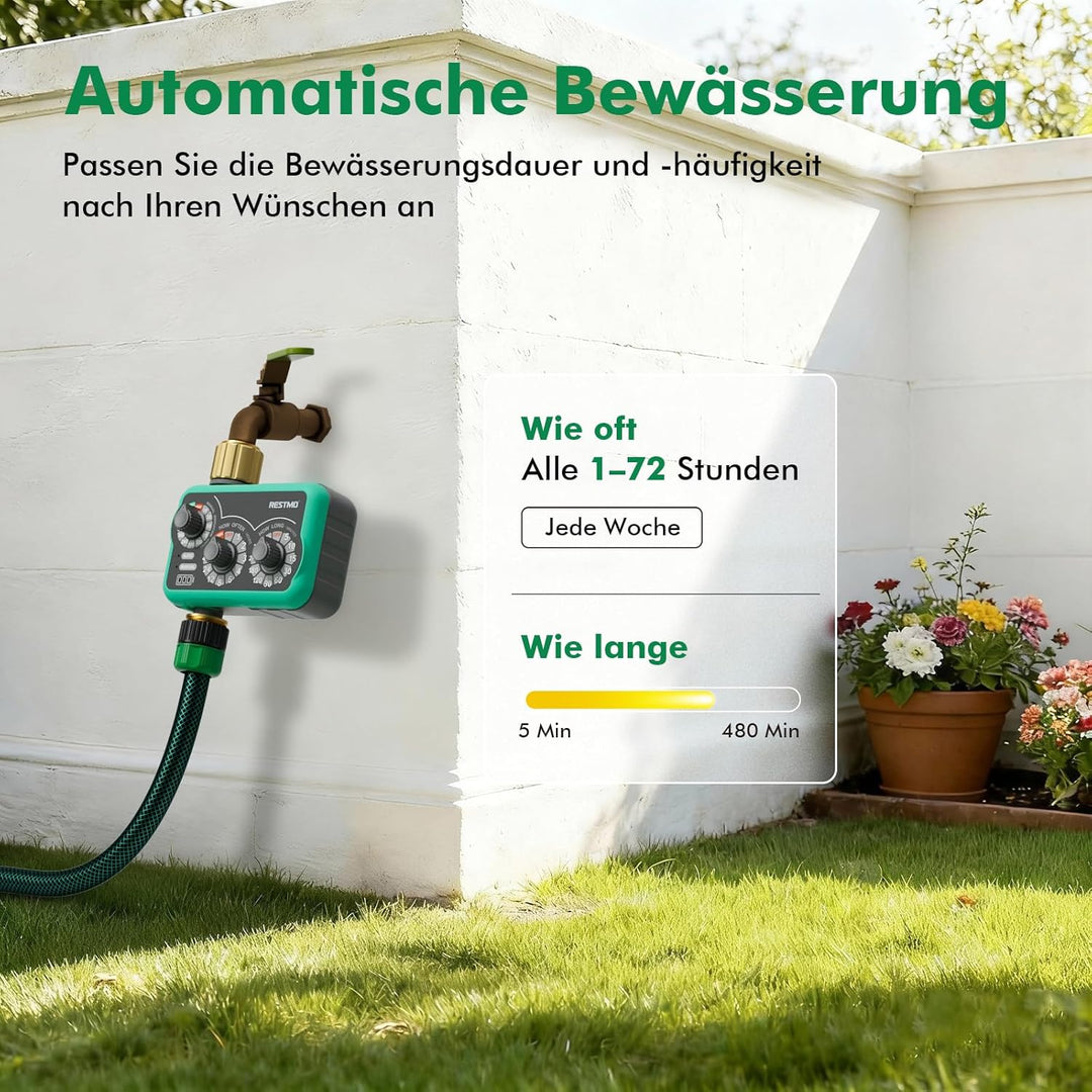 RESTMO Mechanischer Bewässerungscomputer mit 3 Drehreglern, Messing Einlass & Auslass, Zeitschaltuhr