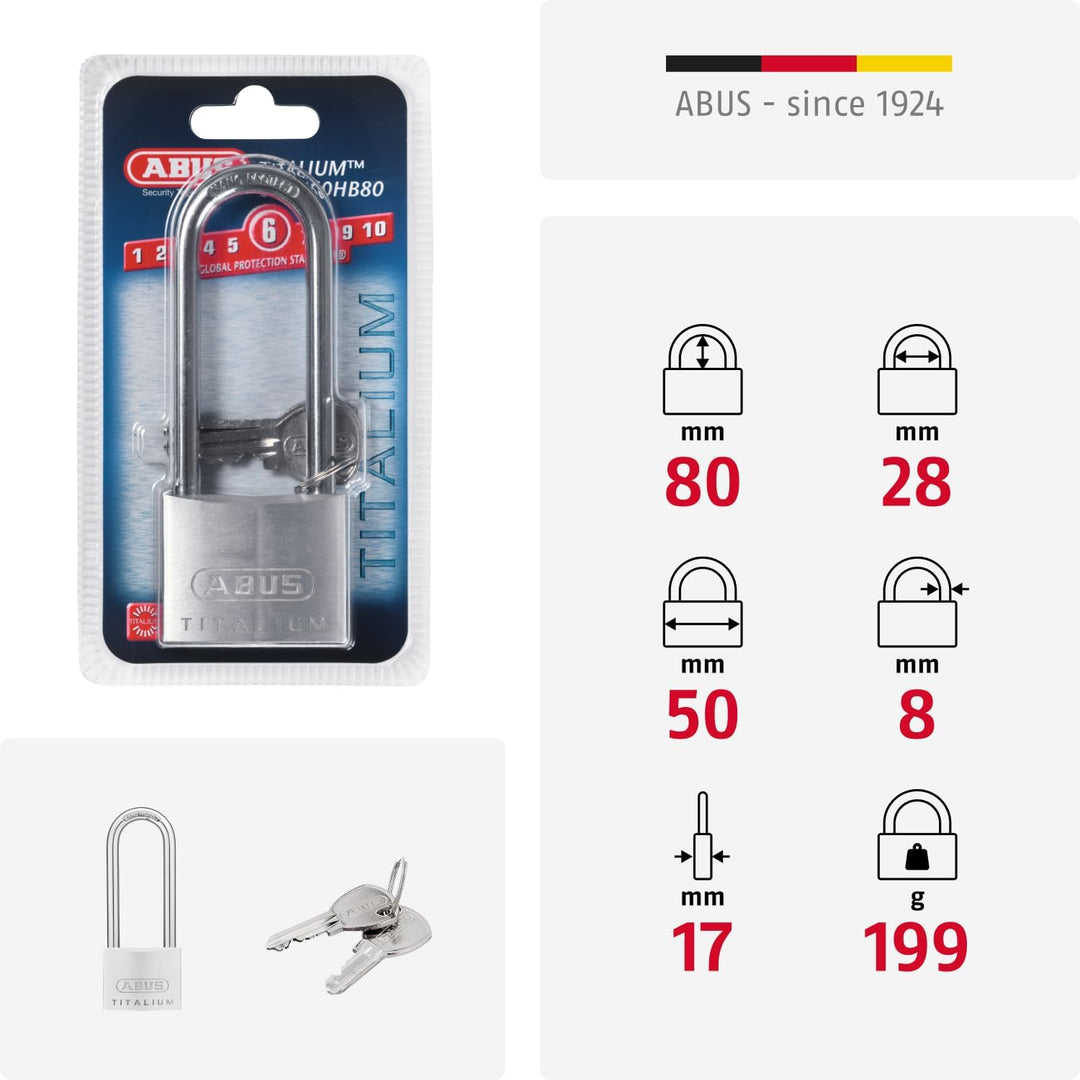 ABUS Vorhängeschloss Titalium 64TI/50HB80 mit hohem Bügel - Kellerschloss mit Schlosskörper aus Spez