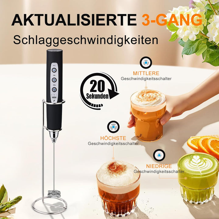YUSWKO Milchaufschäumer Stab für Kaffee mit Ständer, Usb Wiederaufladbarer Aufschäumer, 3 Schneebese