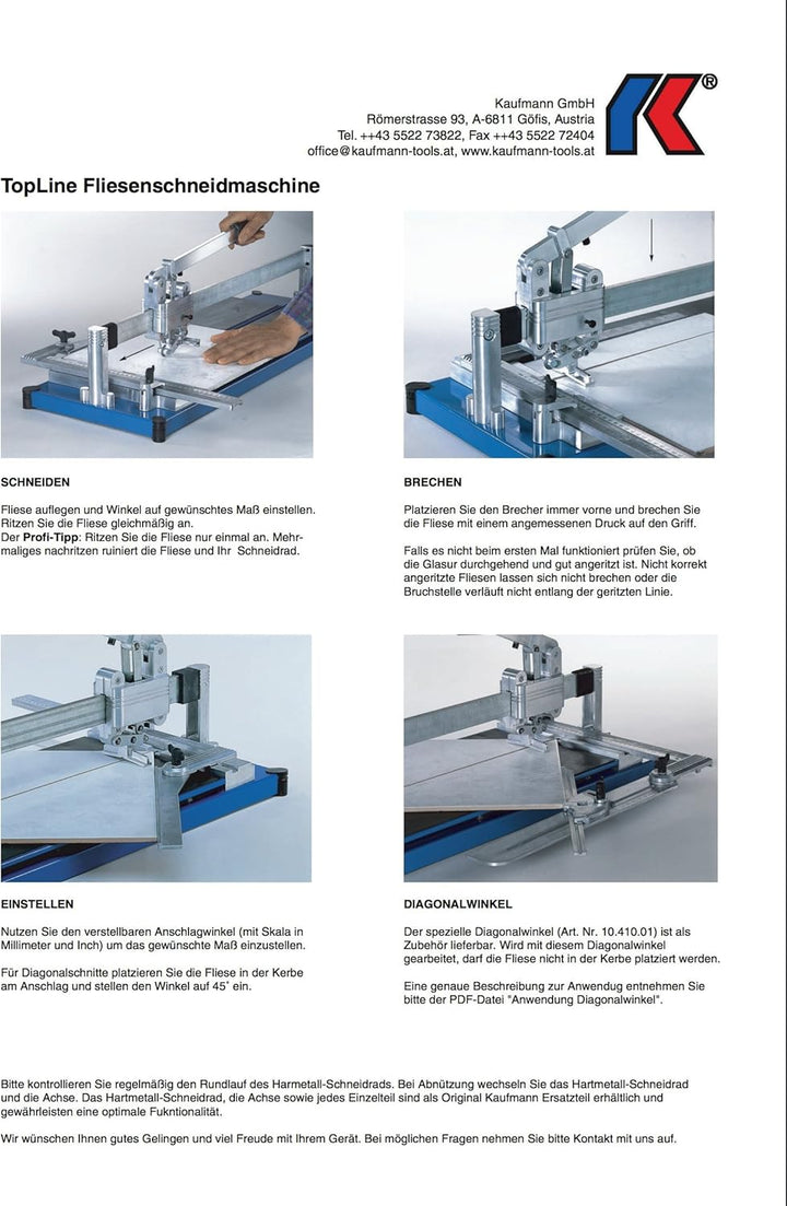 Kaufmann Fliesenschneider TopLine PRO 920 mit einer Gesamtschnittlänge von 920 mm und 2 Führungsschi