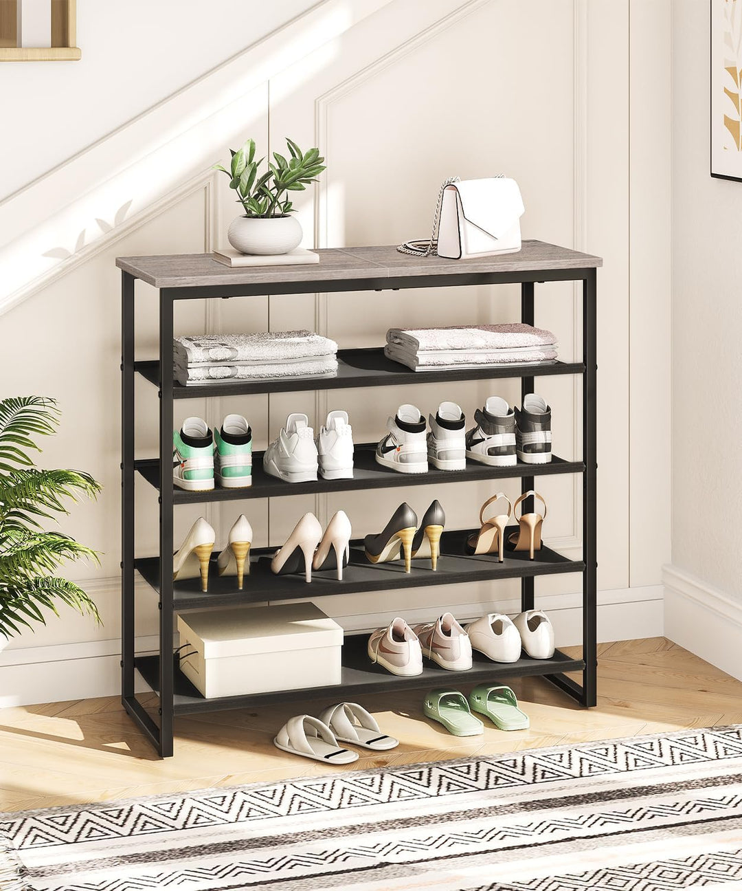 HOOBRO Schuhregal, 5-stufige Schuhablage, Schuhschrank mit 4 Oxford-Stoffebenen und 1 Paneelebene, f