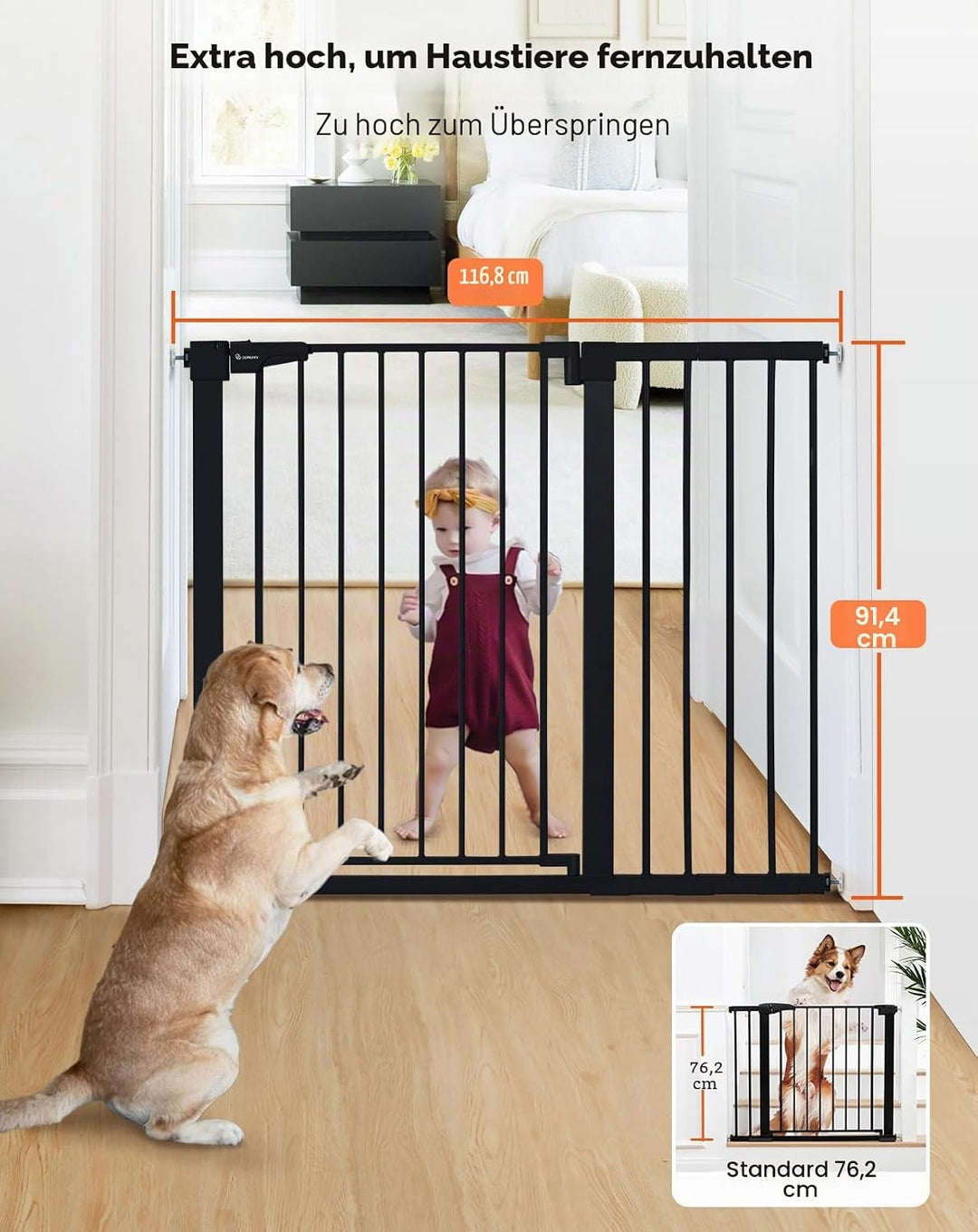 COMOMY Sicherheitsgitter für Kinder, sehr hoch, 75 – 117 cm, Treppe, ohne Bohren, ausziehbar, automa