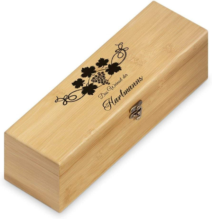 Maverton Weinbox für 0,7L Weinflasche - Wein Holzbox personalisiert + 4er Weinzubehör - Weinset Wein