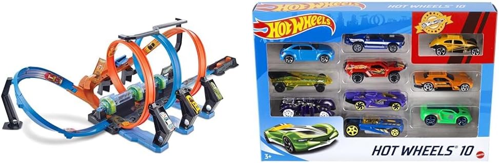 Hot Wheels FTB65 - Action Korkenzieher Crash Trackset, Auto Rennbahn mit 3 Loopings und Beschleunige