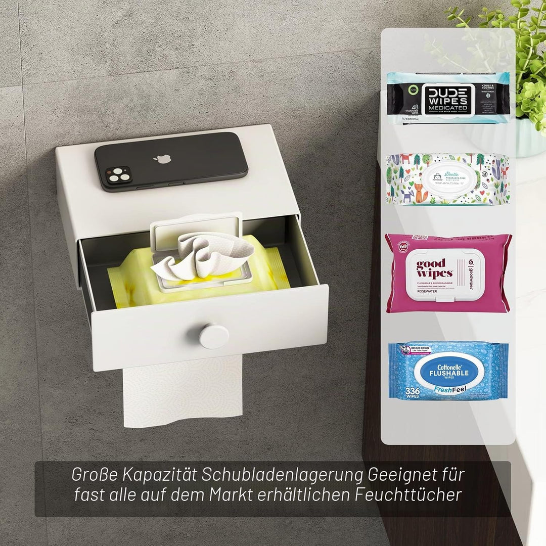 VOLDRA Toilettenpapierhalter Mit Feuchttücherbox, Klopapierhalter Ohne Bohren Klorollenhalter mit Ab