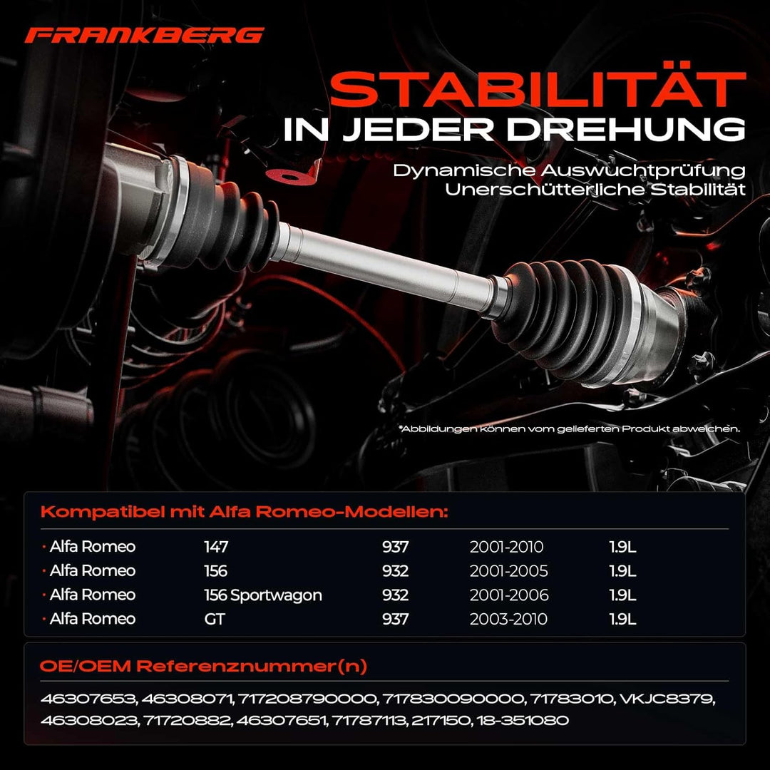Frankberg Antriebswelle Vorderachse Links Kompatibel mit 147 937 1.9L 2001-2010 156 932 1.9L 2001-20