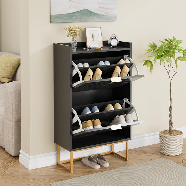 UEV Schuhschrank mit 2 Klappen, 50x24x103,5cm,Schuhkipper Schmal,Schuhkommode Flur Wohnzimmer Eingan