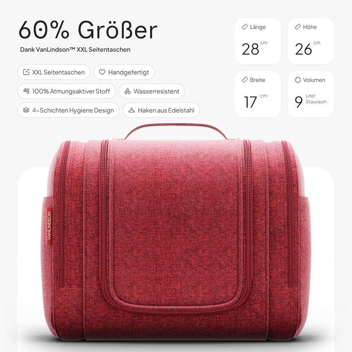 VanLindson Kulturbeutel XXL, 9 Liter Stauraum, 3-in-1 Kulturtasche zum Aufhängen für Damen, Herren u