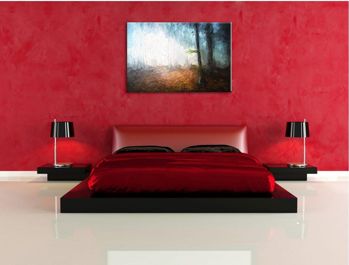 Pixxprint Düsterer Wald im Nebel als Leinwandbild/Grösse: 100x70 cm/Wandbild/Kunstdruck/fertig bespa