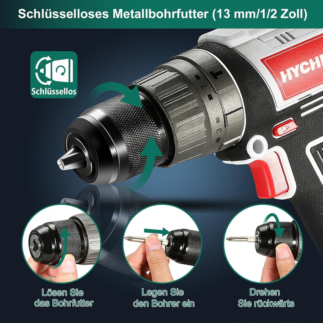 HYCHIKA 18V Akkuschrauber Set,Akku-Bohrschrauber mit 2.0 Ah-Akku,Schlagbohrmaschine max. 45 Nm,2 Ges
