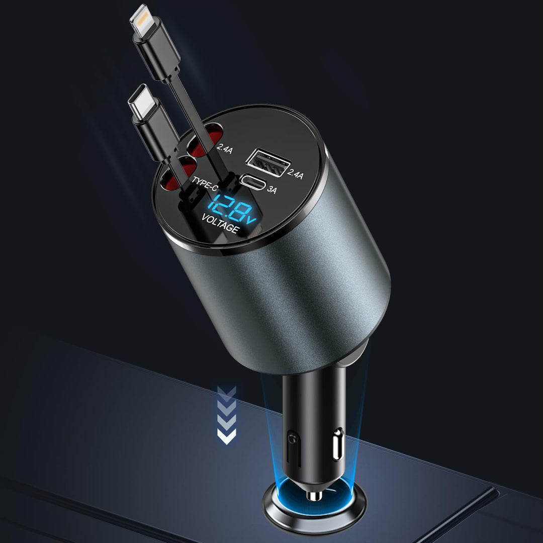 Auto Ladegerät Zigarettenanzünder USB C 4 in 1 56W - KFZ Ladegerät mit 2 einziehbaren Kabeln(Type C,