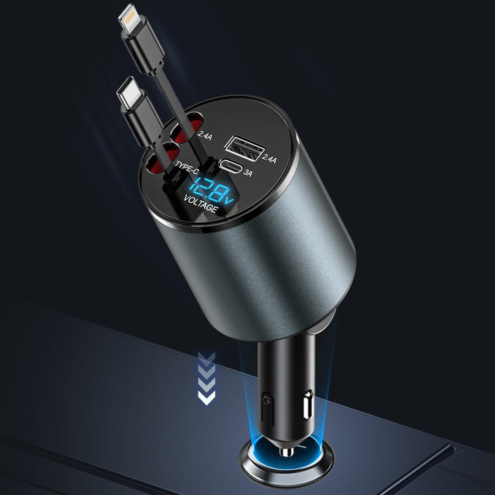 Auto Ladegerät Zigarettenanzünder USB C 4 in 1 56W - KFZ Ladegerät mit 2 einziehbaren Kabeln(Type C,