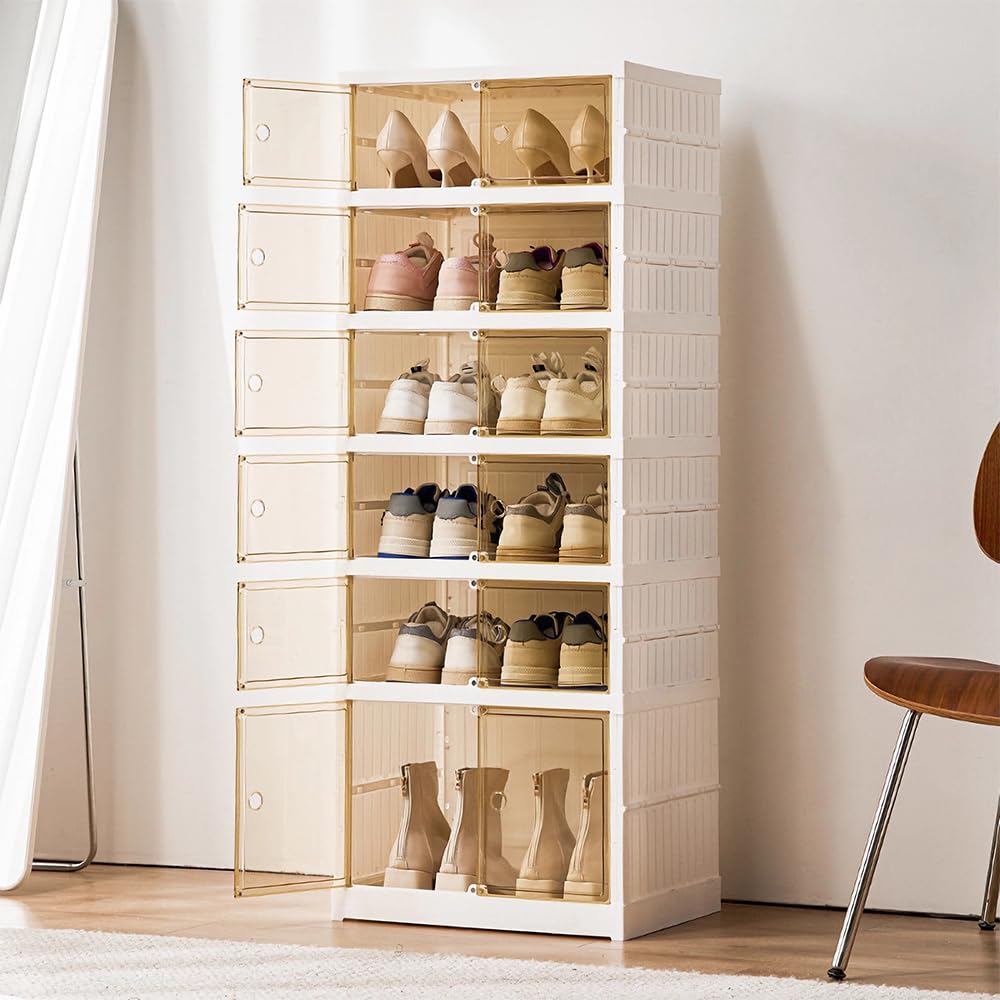 OHMG 6 Lagen Schuhboxen, Aufbewahrungsboxen für Schuhe, aus Kunststoff, transparent, stapelbar, falt