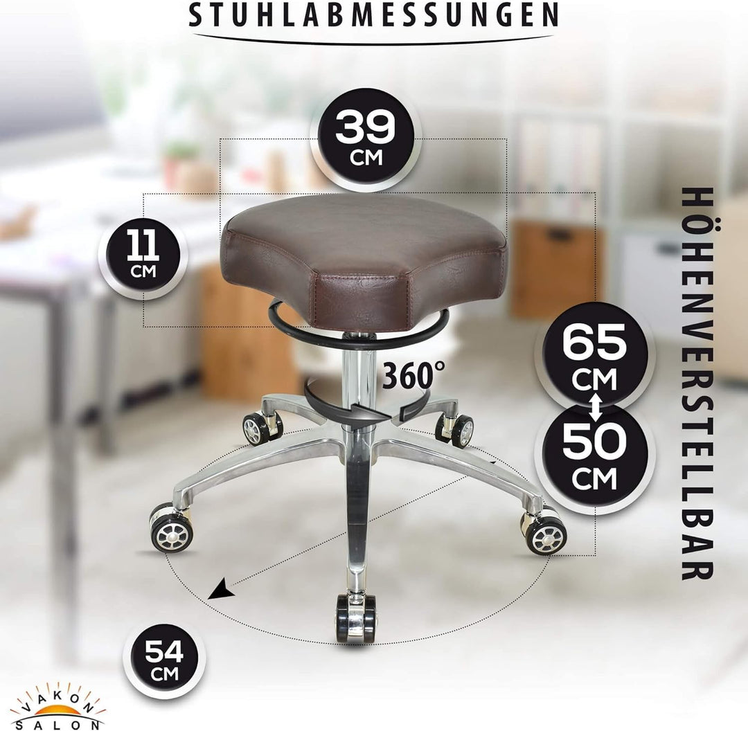 VAKON SALON - Ergonommischer Rollhocker auf hochwertigen Rollen Braun - Höhenverstellbarer von 50 bi