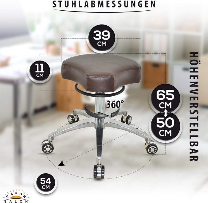 VAKON SALON - Ergonommischer Rollhocker auf hochwertigen Rollen Braun - Höhenverstellbarer von 50 bi