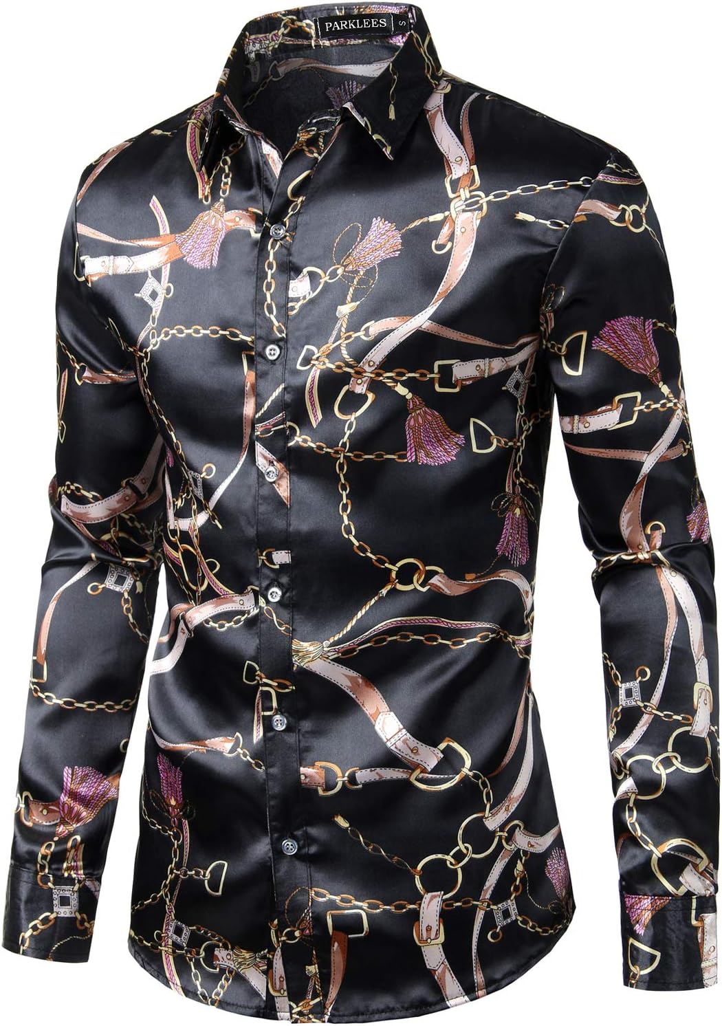 PARKLEES Lässiges, luxuriöses Herrenhemd, bedruckt, seidenähnlich, Satin, Knopfleiste, für Party, Ho