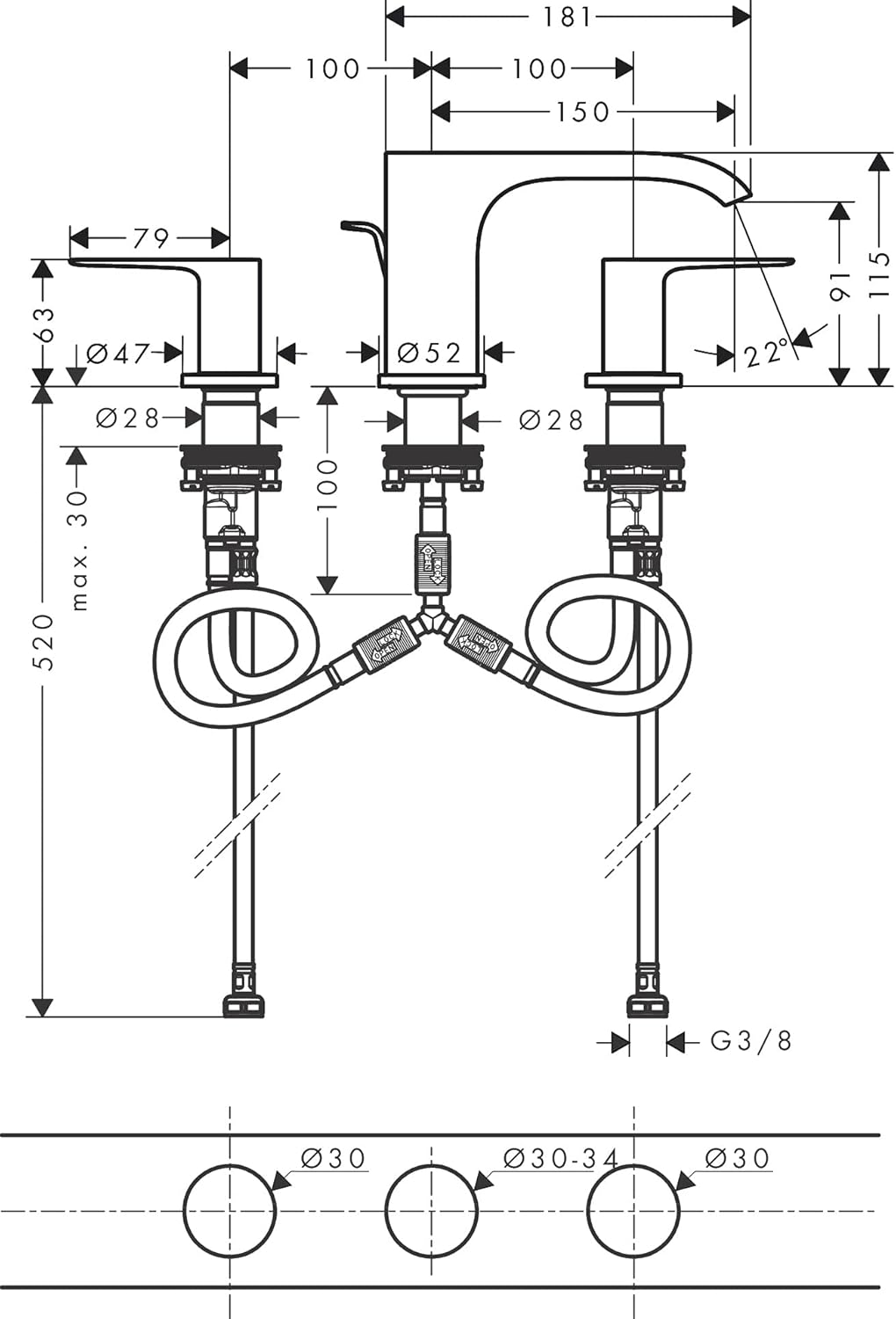 hansgrohe 3-Loch Waschtischarmatur Vivenis, Wasserhahn Bad mit Auslauf Höhe 90 mm, mit Zugstange, Ba