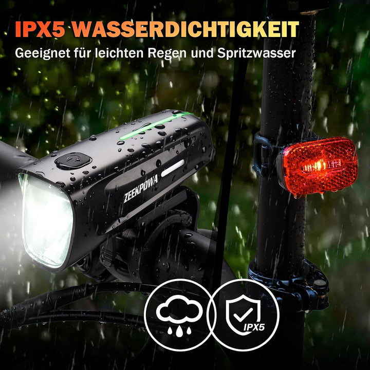 Fahrradlicht Set 100 Lux StVZO, USB-C Akku Vorderlicht + Rücklicht mit Bremslichtfunktion, wasserdic