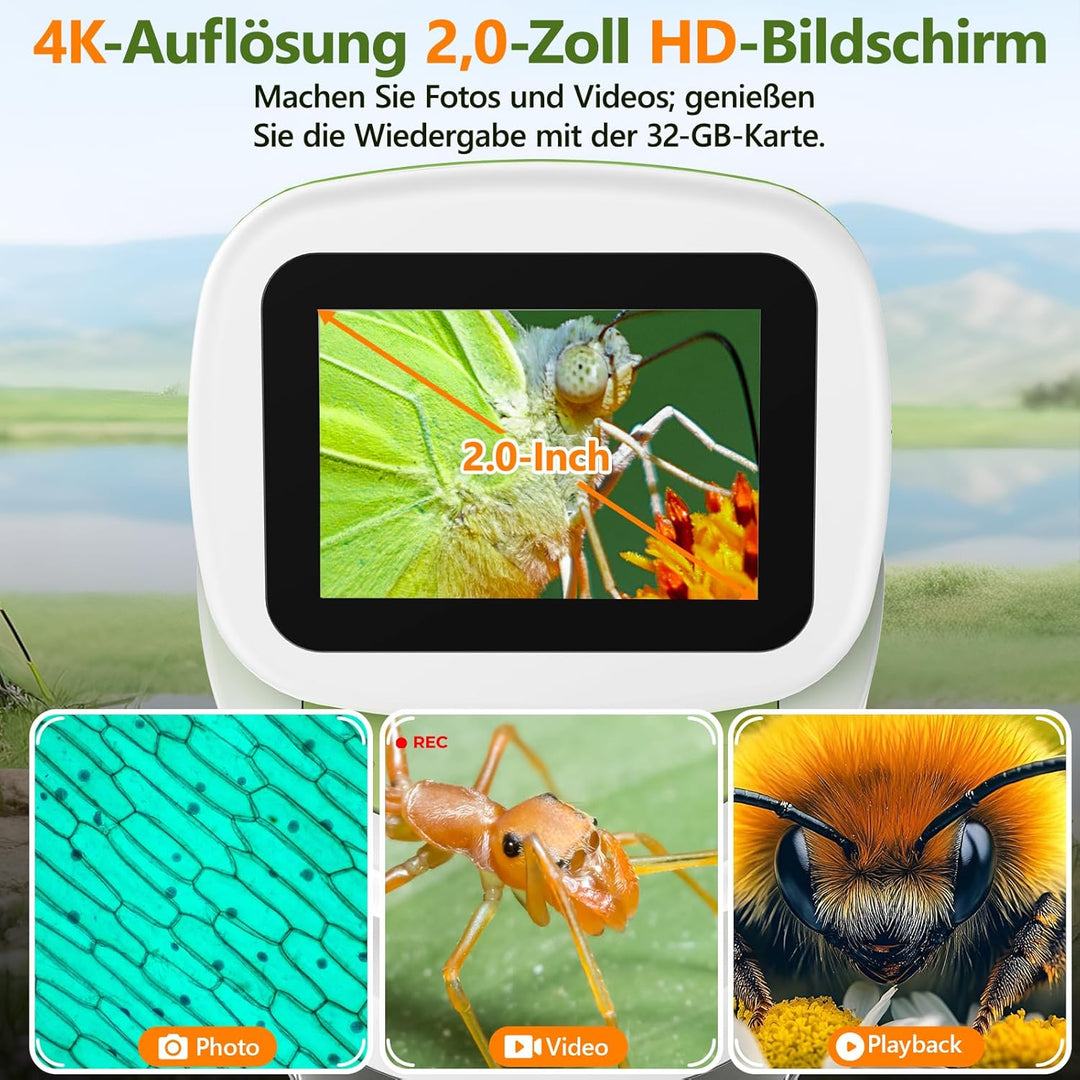 Mini-Handmikroskop für Kinder mit Ständer, 5,1 cm (2 Zoll), 4K-Bildschirm, 1000-fache digitale Tasch