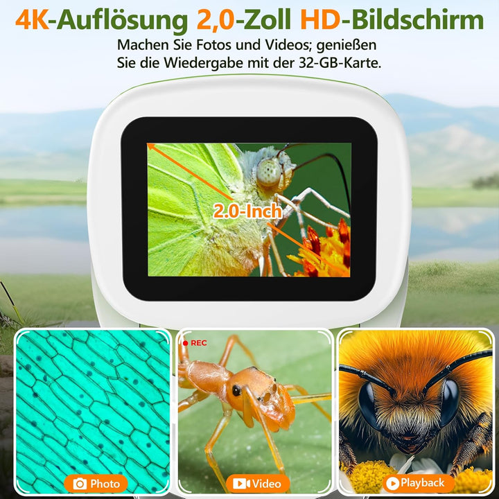 Mini-Handmikroskop für Kinder mit Ständer, 5,1 cm (2 Zoll), 4K-Bildschirm, 1000-fache digitale Tasch