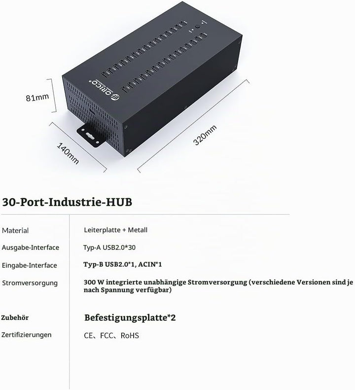 ORICO Industrial USB Hub, 30 Ports Anbringbarer, Industrietauglicher USB 2.0 Hub mit 300 W Leistung,