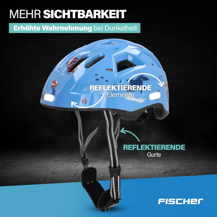 FISCHER Kinder-Helm, Fahrradhelm, Jugendhelm mit integriertem LED-Rücklicht, XS/S, 48-54cm Delfin, D