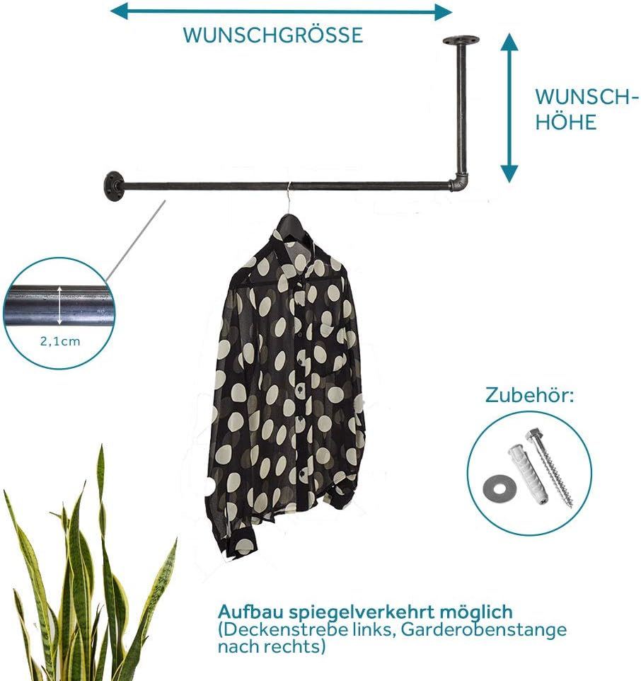 Kleiderstange Deckenmontage Wandmontage schwarz - Garderobenstange div. Grössen z.B. 120 x 20 cm - G