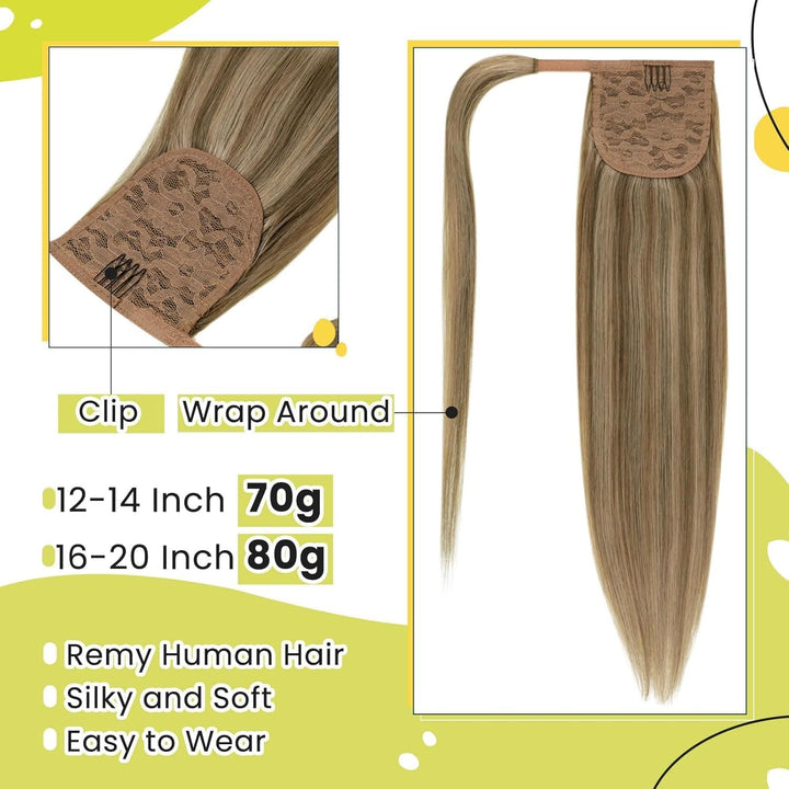 RUNATURE Ponytail Extension Echthaar Braun Highlight Blond 30cm Kurz Menschliches Haar 70g Echthaar