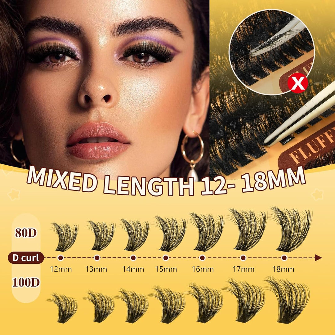 QUEWEL Wimpern-Extensions 320 Stück 80D+100D, DIY Lash-Extension-Set, Cluster-Lashes mit Wimpernkleb