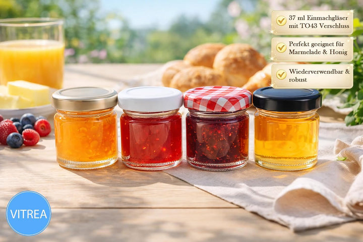 Vitrea 100x Mini Marmeladengläser 37 ml - mit Deckel Gold TO 43 - kleine Einmachgläser zum befüllen