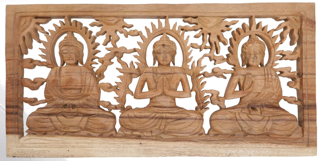 GURU SHOP Geschnitztes Wandbild Deko Wandrelief - 3 Buddhas, Braun, 26x50x1,5 cm, Masken & Wandschmu