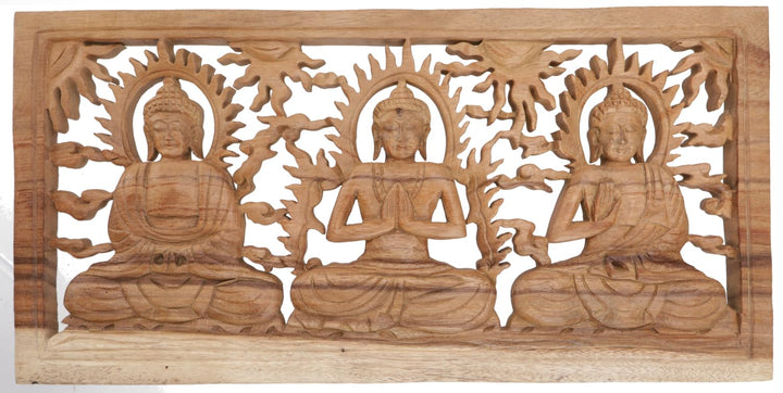 GURU SHOP Geschnitztes Wandbild Deko Wandrelief - 3 Buddhas, Braun, 26x50x1,5 cm, Masken & Wandschmu