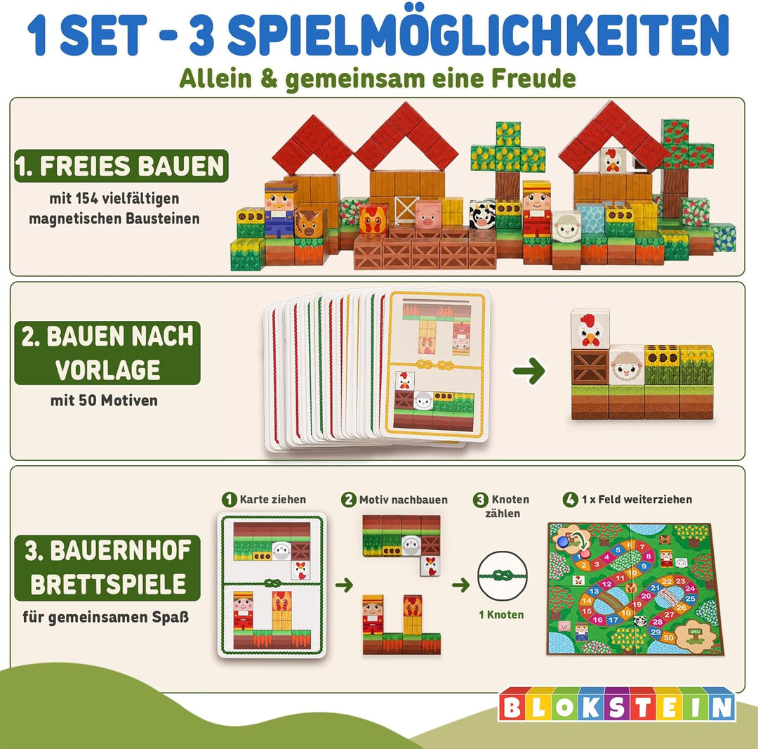 Magnetische Bausteine inkl. Brett- & Spielkarten I 154 Teile I 2,5 cm grosse Magnetbausteine I Monte