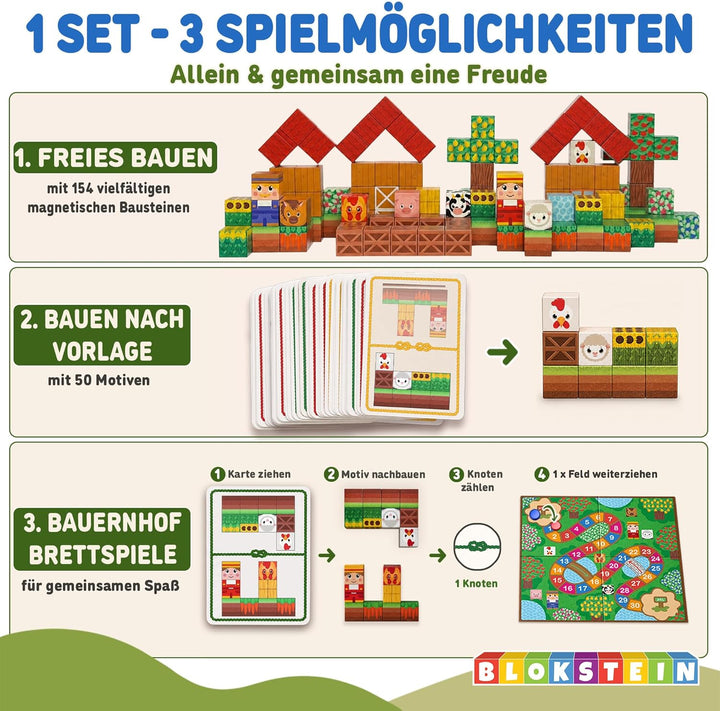 Magnetische Bausteine inkl. Brett- & Spielkarten I 154 Teile I 2,5 cm grosse Magnetbausteine I Monte