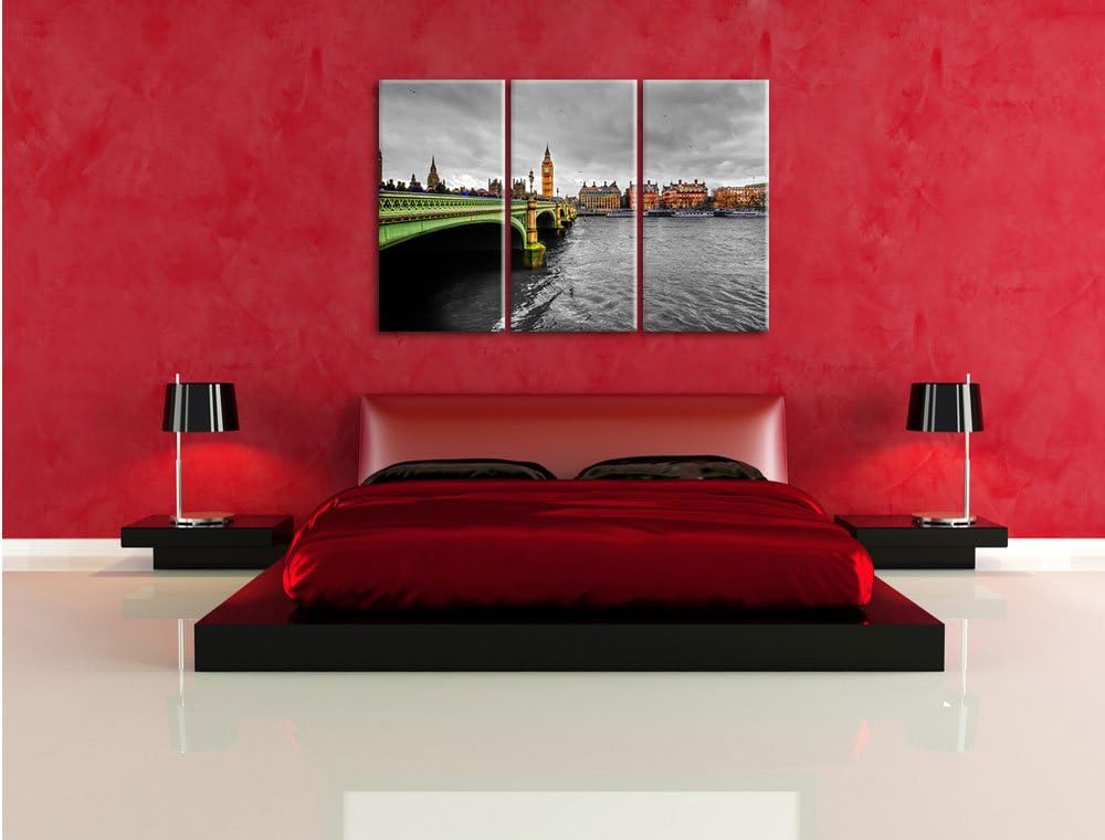 Pixxprint Skyline von London mit Themse und Big Ben schwarz/weiss 3-Teiler Leinwandbild 120x80 Bild