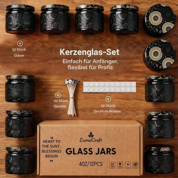 LumaCraft Candle Luxus Relief Kerzengläser zum Kerzen giessen-12er Pack Leere Glasgefässe mit Luftdi