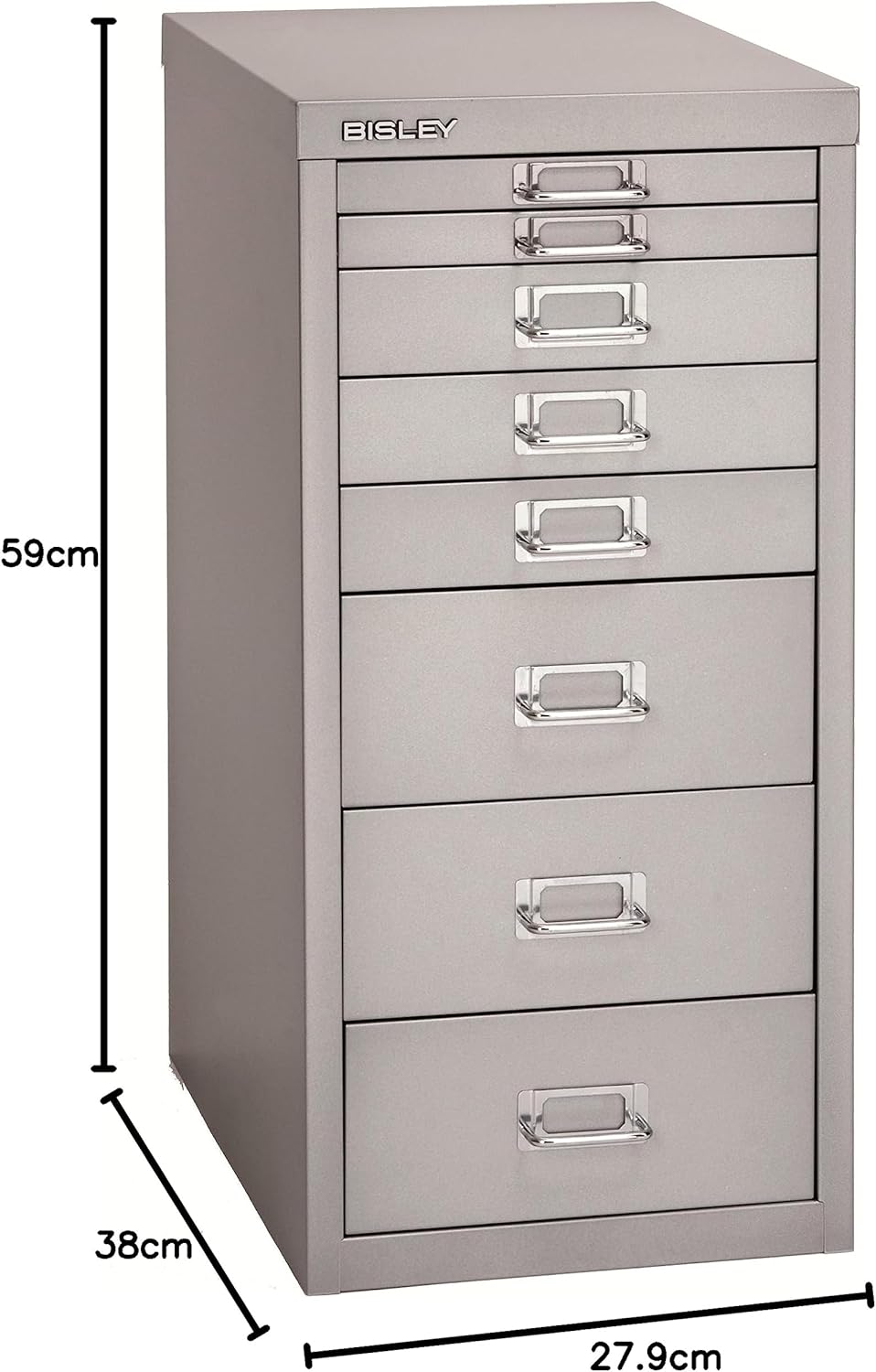 BISLEY MultiDrawer, 29er Serie, DIN A4, 8 Schubladen, Metall, 355 Silber, 38 x 27.9 x 59 cm, 355 Sil