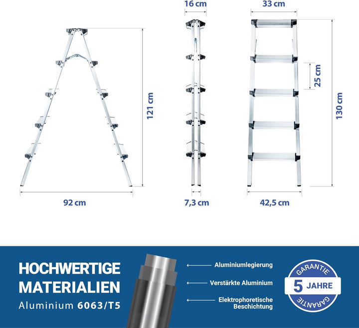HOSTRÖM Trittleiter Klapptritt 5 Stufen HOMILIX, kleine klappbare Trittleiter, Aluminium, kompakt un