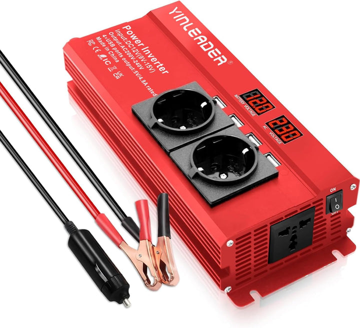 Spannungswandler 12V 230V 1000W/2000W Wechselrichter mit 2 Steckdose und 4 USB LED Spannungsanzeige