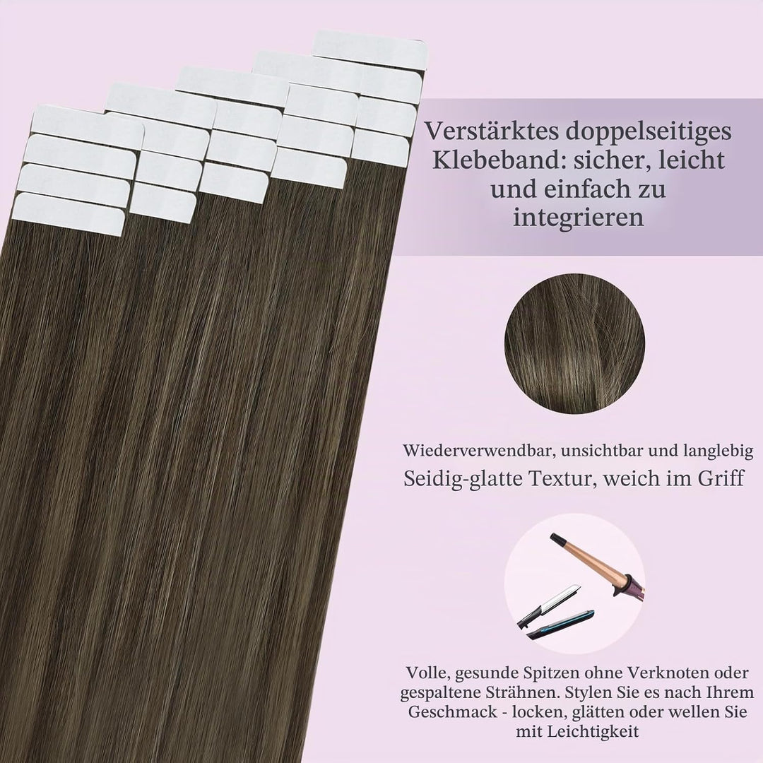 Fshine Echthaar Extensions Tape in Echthaar Balayage Dunkelbraun bis Kastanienbraun 30cm 20 Stücke 3