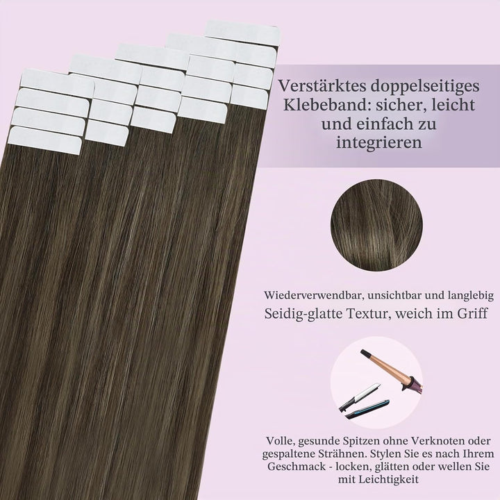Fshine Echthaar Extensions Tape in Echthaar Balayage Dunkelbraun bis Kastanienbraun 30cm 20 Stücke 3