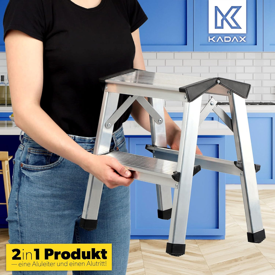 KADAX Trittleiter aus Aluminium 2 Stufen, Klapptritt bis 125kg, Stufenleiter mit Antirutschstufen, S