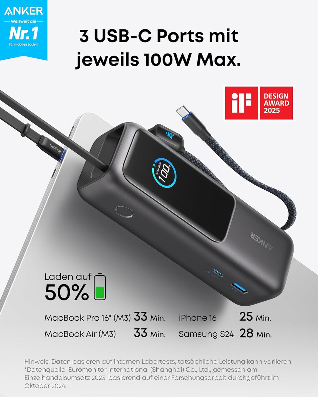 Anker Laptop Powerbank, 25000mAh 165W USB-C, 3X 100W USB-C Ports für Multi-Geräte-Ladeleistung, Inte